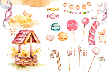 Sweet land watercolor illustration isolated on white background, wonderland,well, magic, wish fulfillment, summer. Delicious, ice cream machine, caramel tree, sweets and desserts. Dream. Clipart 