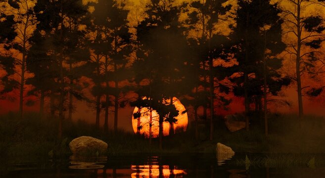 Scenery of the red sun at the pine forest nature scene 3D rendering landscape wallpaper backgrounds