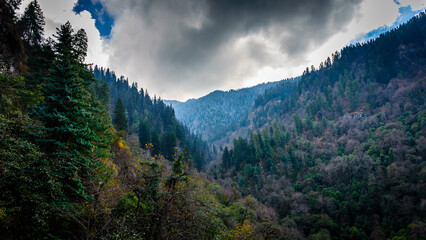Beautiful view of Mountains of Sainj Valley from Upper Neyhi villege in Himachal Pradesh, India	