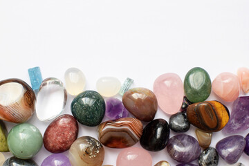 Gems of various colors. Amethyst, rose quartz, agate, apatite, aventurine, olivine, turquoise,...