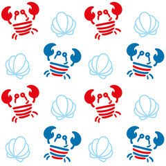 Fun crabs and shells in the sea. Childish seamless pattern. Vector