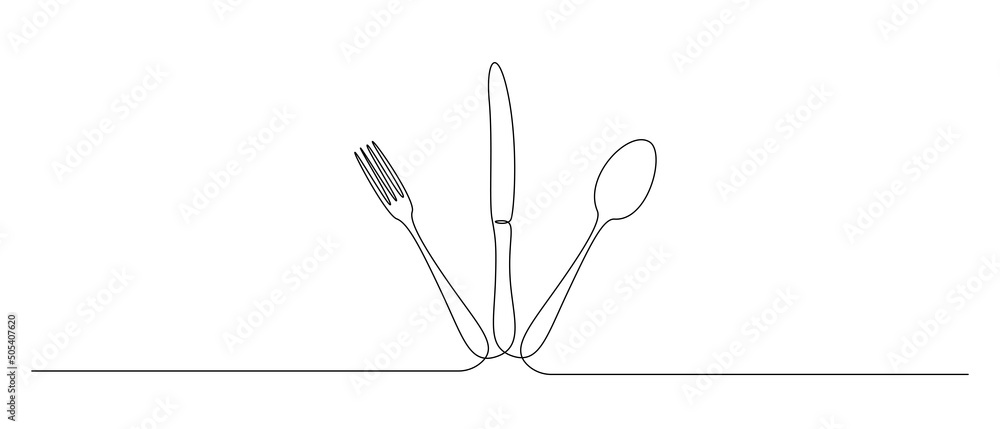 Aufkleber one continuous line drawing of food tools. spoon fork and knife for decoration restoran menu in simp