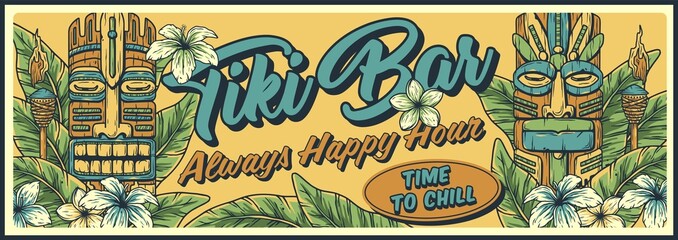 Tiki mask surfing summer bar poster. Tropical leaves, hawaiian vibes - obrazy, fototapety, plakaty