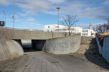 Reykjavik, Iceland, April 21, 2022: gracious curves of brute concrete at a pedestrian underpass