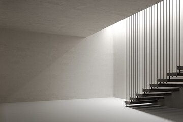 3D render empty concrete room with suspended staircase, concrete floor perspective of minimal design. Illustration mockup