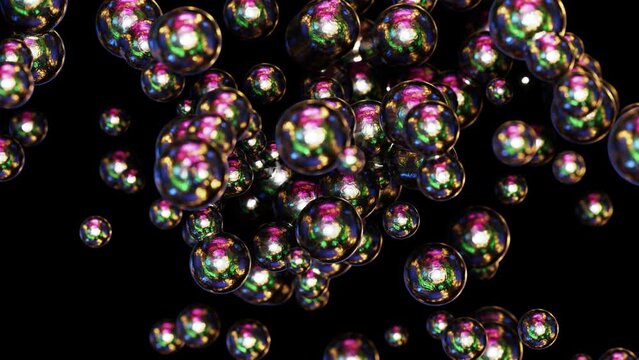 Realistic seamless looping DOF camera 3D animation of the abstract morphing and slow moving colorful iridescent metallic molecules rendered in UHD with alpha matte