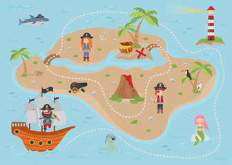 Cartoon pirate treasure map for children. The map has a cute mermaid, pirates, an octopus, a shark, a lighthouse, a treasure island, a chest and a ship.