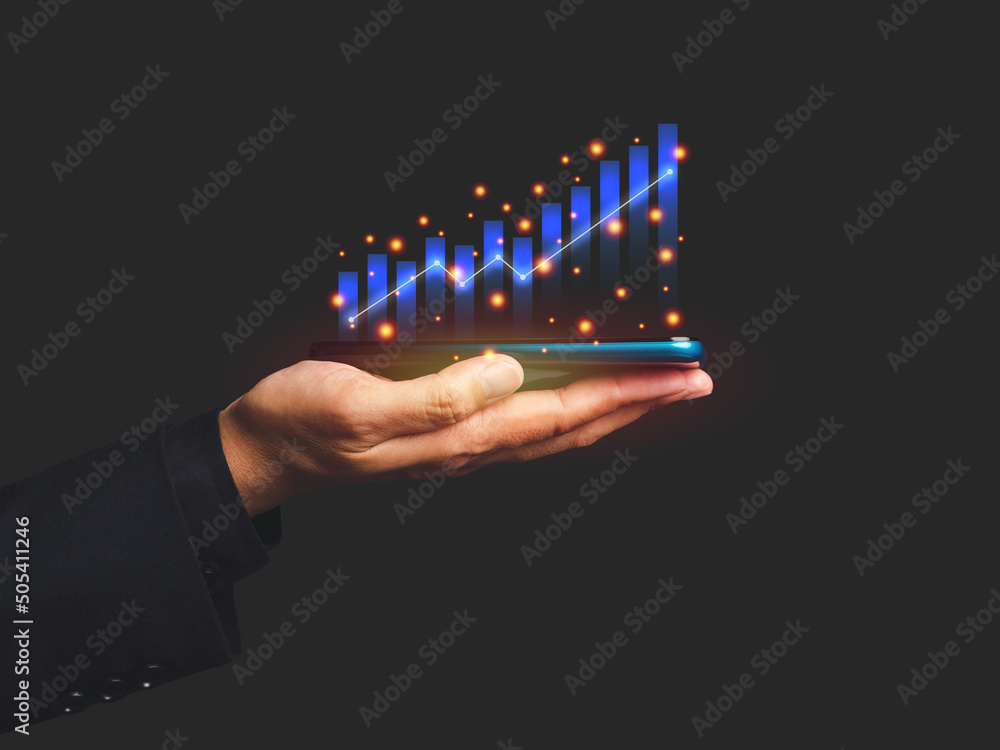 Poster digital increasing bar business graph growth on the palm with a gray background