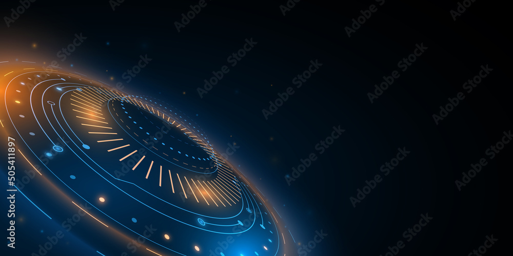Poster futuristic background of digital hud elements with blue and orange light effect. user interface. tec