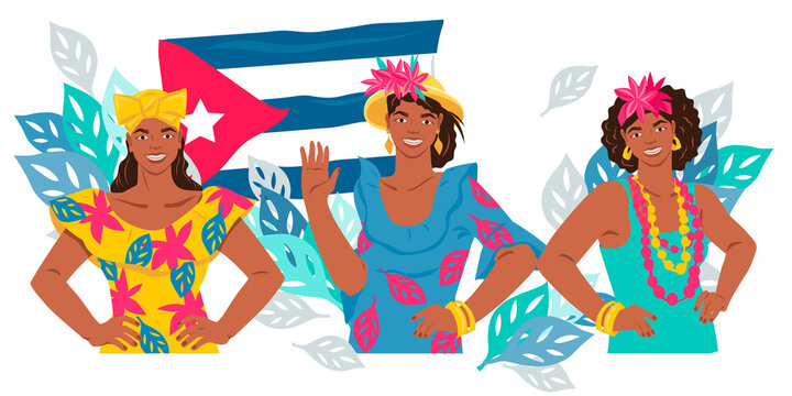 Cuban women at backdrop of the national flag of Cuba, flat vector illustration isolated on a white background. Travel poster or banner template. Welcome to Cuba.