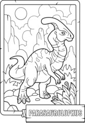 coloring book for children, prehistoric dinosaur parasaurolophus, outline illustration