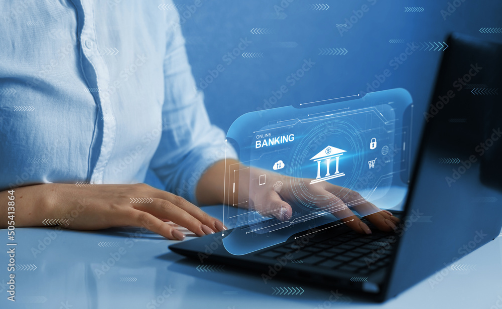 Poster business person using online banking on virtual screen. digital innovation technology. finance and b