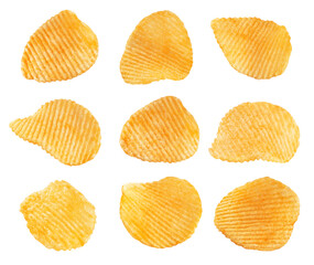 set of corrugated potato chips isolated on white. texture. the entire image is sharpness.