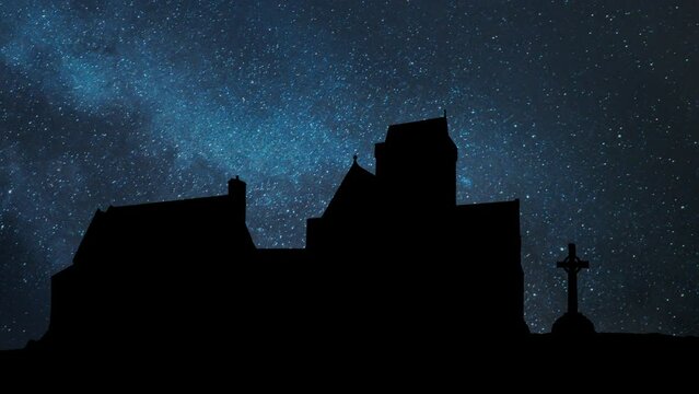 Iona Abbey and St. John's Cross by Night, Time Lapse with Stars and Milky Way in Background, Scotland