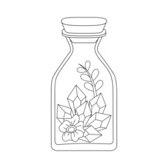 Magic bottle with a stopper with crystals and flowers. Doodles, hand-drawn illustrations for design, coloring, bags. Vector black and white poster