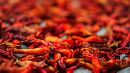 Close-up of spicy  dry red chillies.