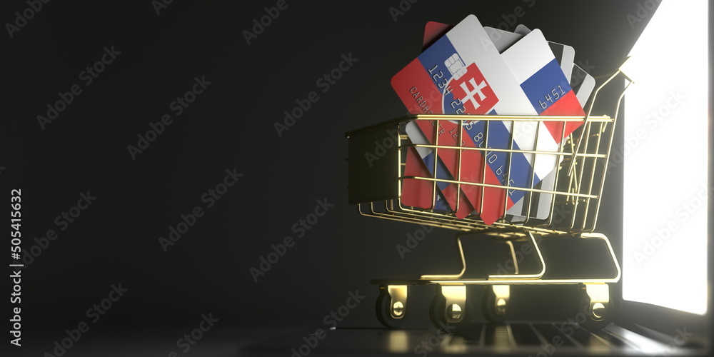 Poster bank card mockups with flags of slovakia in a small shopping cart on the computer. conceptual 3d ren