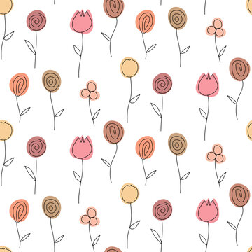 seamless pattern with colored stylized flowers in boho style on white.