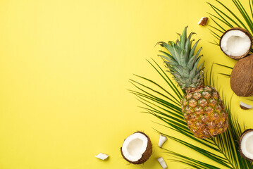 Summer weekend concept. Top view photo of fresh tropical fruits coconuts pineapple and palm leaves on isolated yellow background with copyspace