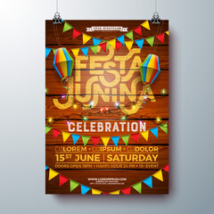 Festa Junina Party Flyer Design with Flags, Paper Lantern and Typography Lettering on Vintage Wood Background. Vector Traditional Brazil Sao Joao June Festival Illustration for Banner, Invitation or