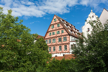Historical half-timbered building with diamond pattern in the city center of Ulm.