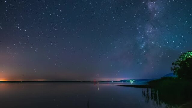 Milky way galaxy is moving quick in the sky. Timelapse of starry night on a calm lake with flat water surface at night.  Earth rotation demonstration in fast movement