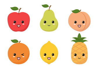 Set of cute fruits. Flat design vector illustration on white background. 