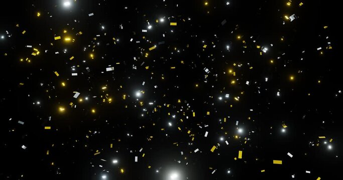 Animation of falling golden and silver confetti on the dark background. Video animation