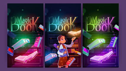 Magic book cartoon posters, young girl in night library or reader club with glowing volumes and sparkles flying around. Curious child reading in dark room with shelves or bookcases Vector illustration