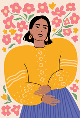 Young woman art portrait with flowers. Matisse inspired hand drawn contemporary poster