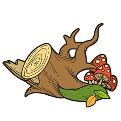 Half uprooted stump with mushrooms and moss color variation for coloring page isolated on white background