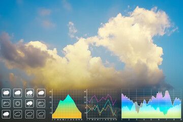 Weather forecast symbol data presentation with graph and chart on dramatic tropical golden clouds and summer twilight blue  sky for meteorology report background. - 505421051