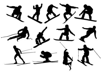 silhouettes of skiers - obrazy, fototapety, plakaty