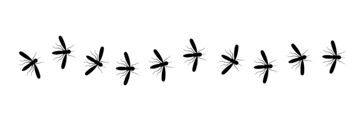 Mosquito malaria silhouette. Line of flying mosquitoes insects. Vector illustration isolated on white.