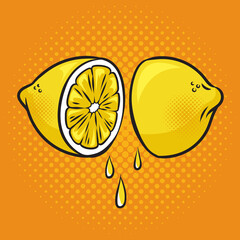 cut lemon with running juice pop art retro vector illustration. Comic book style imitation. © Oleksandr Pokusai