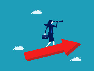 Vision of growth. Business woman looking into binoculars on arrow. Business concept. vector