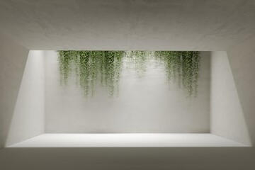 3d render minimalistic white interior, two story space with lighting and ivy plants. 3D rendering illustration mockup. Presentation space or gallery - obrazy, fototapety, plakaty