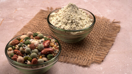 Assorted different types of beans and cereals grains. Set of indispensable sources of protein for a healthy lifestyle. Everyday use at Indian households.