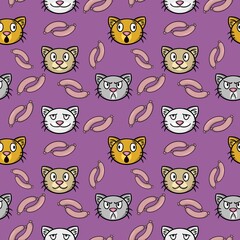 Bright Lilac Pattern, Cute Cartoon Cats with Delicious Sausages, Seamless Pattern for Kids