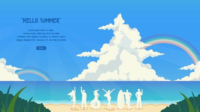 landscape summer background banner. beach and ocean landscape with beautiful rainbow and cloud background