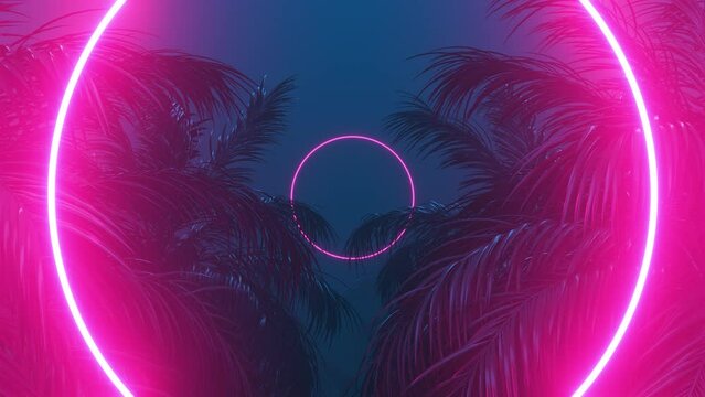 Retrowave glowing rectangle frame appears in the tropical palm tree zoom in
