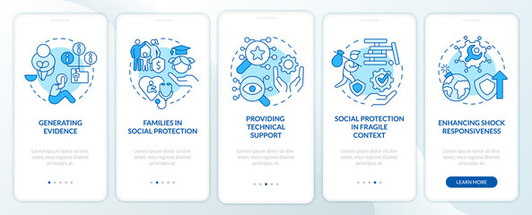 Fototapeta na wymiar Social protection activities blue onboarding mobile app screen. Walkthrough 5 steps graphic instructions pages with linear concepts. UI, UX, GUI template. Myriad Pro-Bold, Regular fonts used