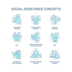 Social assistance turquoise concept icons set. Help for needy people. Support programs idea thin line color illustrations. Isolated symbols. Editable stroke. Roboto-Medium, Myriad Pro-Bold fonts used