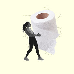 Contemporary art collage. Young woman carries a huge toilet paper isolated on light yellow...