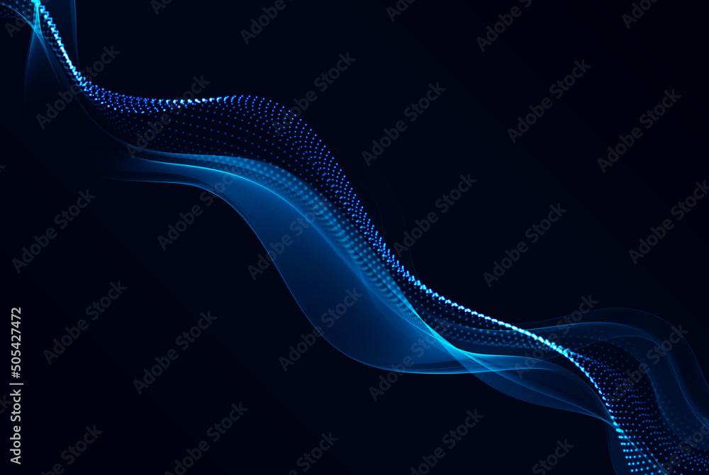 Poster wave of dynamic particles flows through the darkness. blurred lights vector abstract background. a b