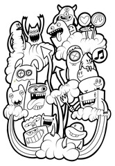 Hand-drawn illustrations, monsters doodle, Hand Drawn cartoon monster illustration,Cartoon crowd doodle hand-drawn Doodle style.black and white stripes coloring