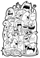 Hand-drawn illustrations, monsters doodle, Hand Drawn cartoon monster illustration,Cartoon crowd doodle hand-drawn Doodle style.black and white stripes coloring