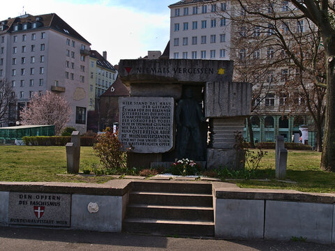 Vienna, Austria - 03-20-2022: View of a stone monument erected in memory of the victims of the fascism on the ground of a former Gestapo building in Vienna, Austria on sunny day.