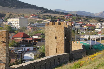 View of the ruins of the Genoese fortress and the city of Sudak from the top of Mount Krepostnaya