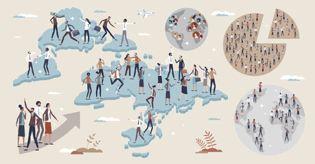 Population set with demography and migration data tiny person collection. Elements with world citizen movement and immigration statistics vector illustration. Information about country people movement - obrazy, fototapety, plakaty